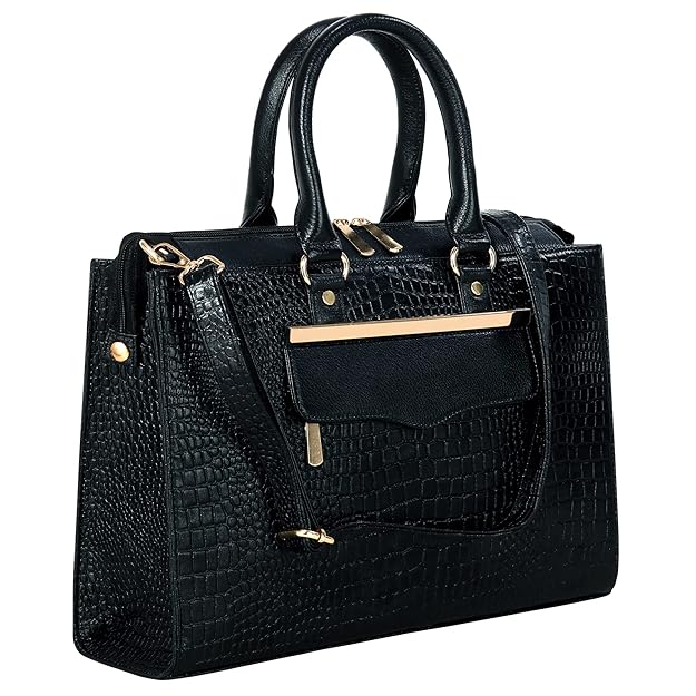 Velmora Croc-Embossed Leather Tote & Shoulder Sling Bag for Women – Structured Office Handbag Black Leather Tote & Shoulder Sling Bag