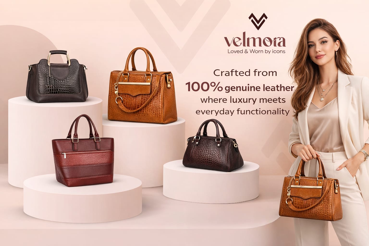 Woman holding a brown Velmora genuine leather handbag with premium leather bags displayed on podiums in a luxury studio setting.
